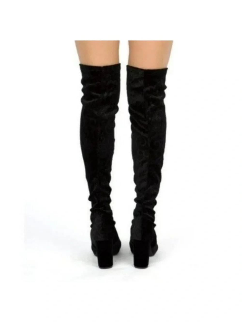 Black embroidered over the knee boots chunky block heel velvet